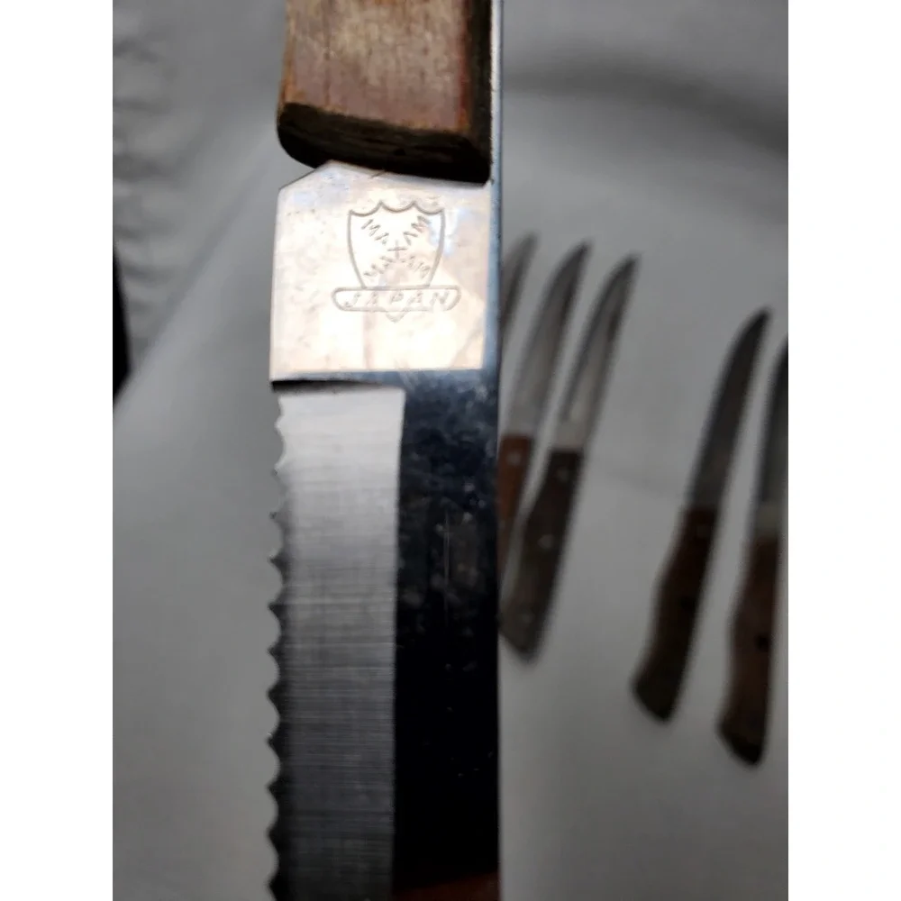 Vintage Maxam‎ Steel Steak Knife Set 6pc Serrated Blades Japan Wood Handles